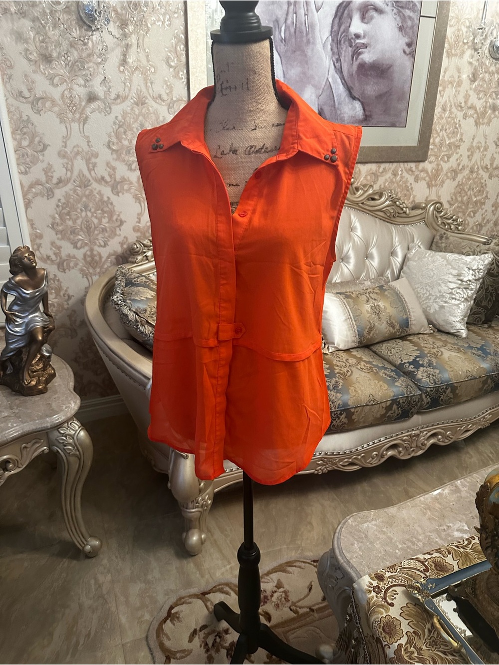Bar III Vibrant Orange Sleeveless Button-Down Blouse